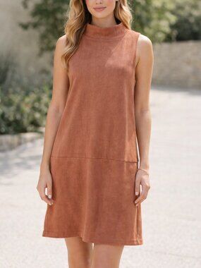 TCEC Faux Suede Mock Neck Dress Rust Sleeveless Shift Pockets L